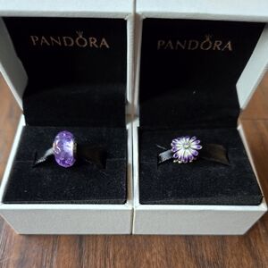 Pandora Purple Murano Glass Charm and Purple Flower Charm